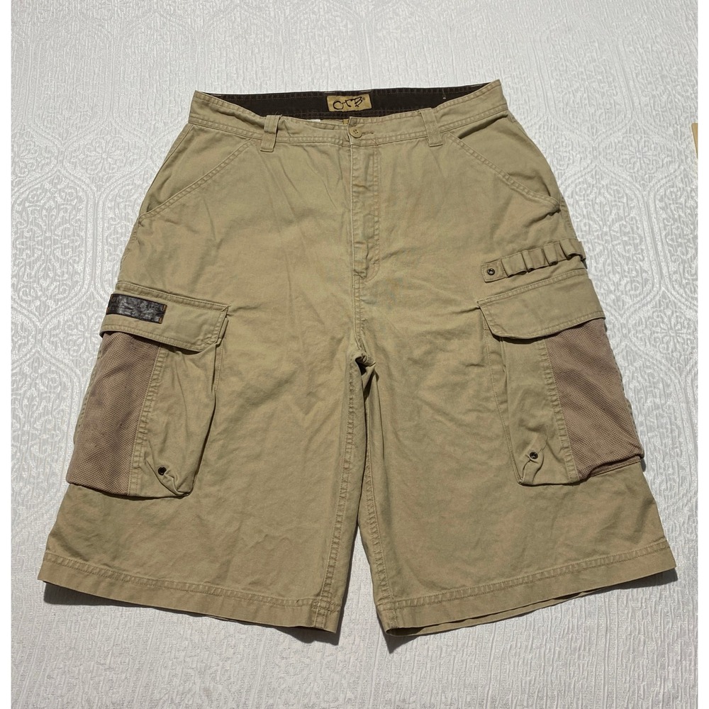 OTB Mens Cargo Shorts Tan Khaki Baggy Skater Y2K‎ Gorpcore Utility Size 34